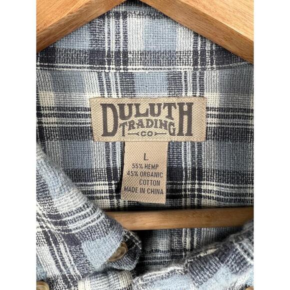 Duluth Trading Co Blue Plaid Short Sleeve Button-Up Collared Shirt Size L Hemp - Picture 9 of 10